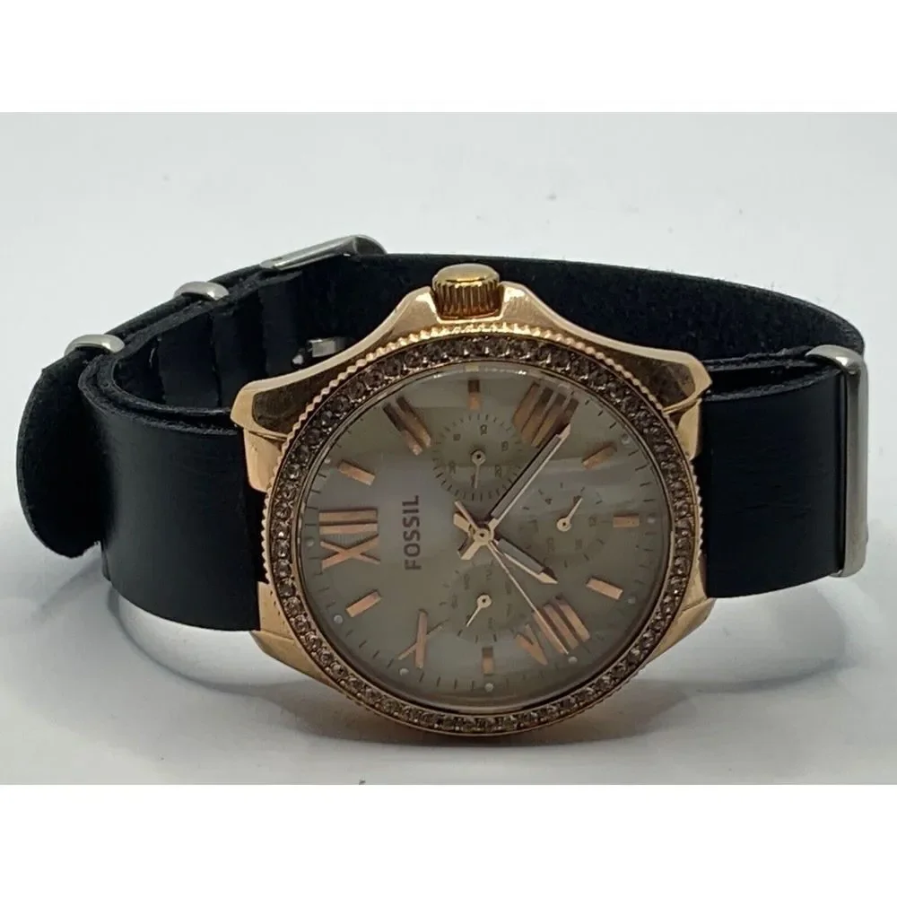 Fossil AM4616 Women's Black Leather Analog Beige Horne Dial Quartz Watch JD261